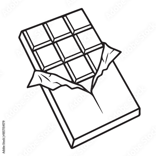 Simple vector icon of an opened chocolate bar wrapped in paper, minimal clean design expressing sweetness, snack time joy, tasty treats, and modern flat illustration style for visual use.