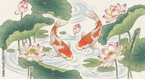 Serene pond scene with koi fish swimming among blooming lotus flowers and large green lily pads