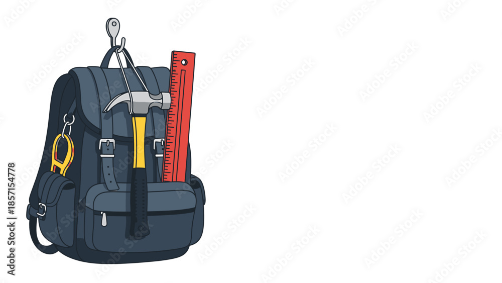 Naklejka premium Backpack filled with tools, including a hammer, ruler, and wrench, ready for a project