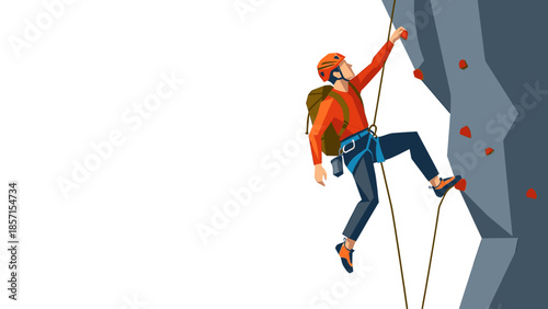 Adventurous male climber scaling a steep rock face, demonstrating courage and athletic skill in a challenging outdoor sport