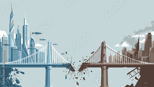 Conceptual illustration depicting urban contrast futuristic progress versus industrial decay