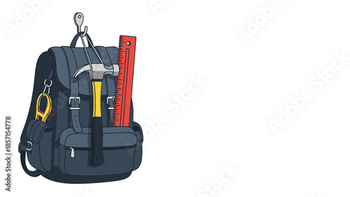 Backpack filled with tools, including a hammer, ruler, and wrench, ready for a project