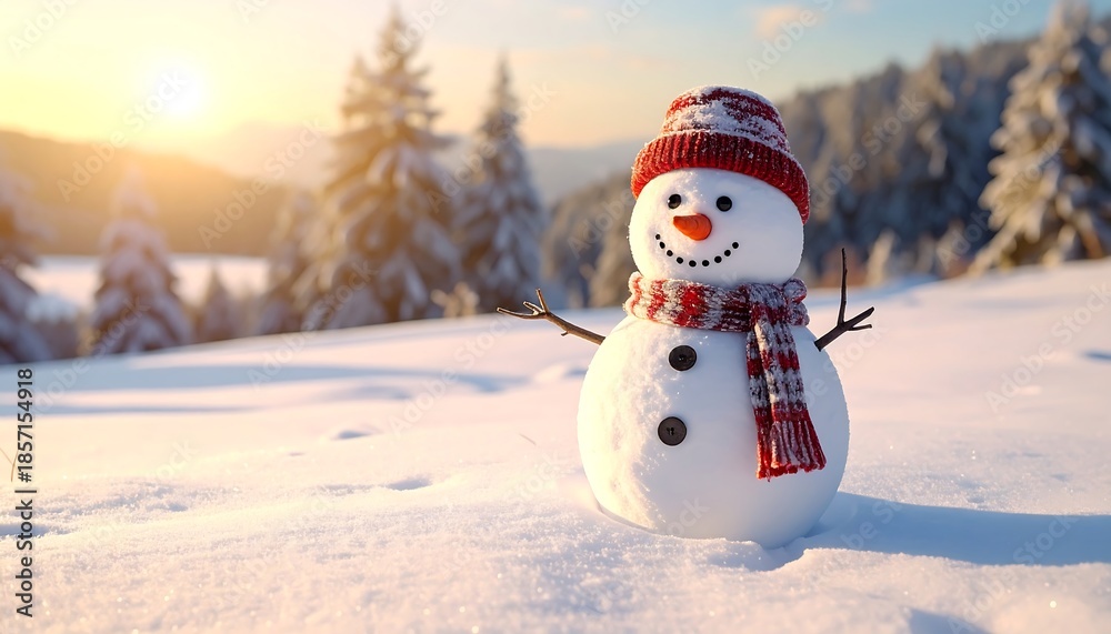 Obraz premium A charming snowman, wearing a scarf and hat, stands in a snowy landscape with a forest and a setting sun