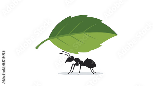 Illustration of an ant carrying a large green leaf over its head, representing strength and determination