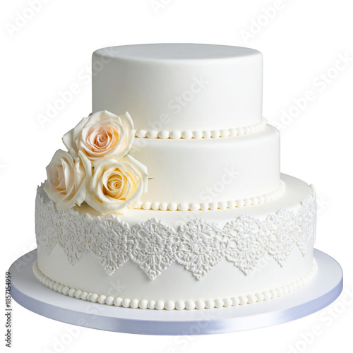  Elegant white wedding cake with lace and roses