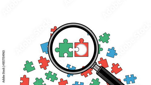 Magnifying glass over puzzles illustrating strategic problem-solving and finding crucial connections