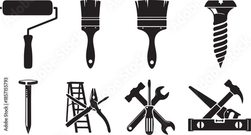 Various black silhouettes of home improvement tools