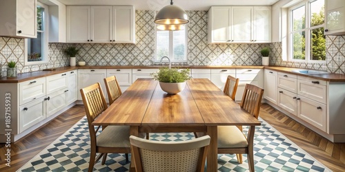 A bright and inviting kitchen with a central wooden dining table, featuring white cabinetry, patterned backsplash, and a checkered floor rug