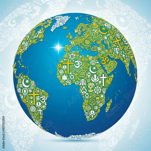 Globe made of religious symbols representing global diversity and unity concept for interfaith dialogue and world peace