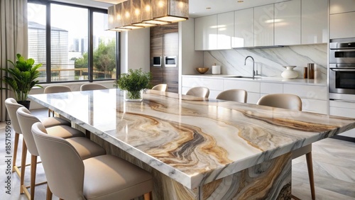 Luxurious contemporary kitchen island with a dramatic natural stone countertop, elegant seating, and ample natural light filling the space