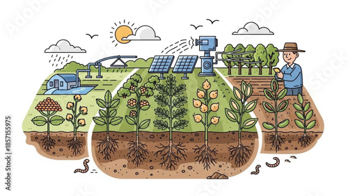 Sustainable agriculture illustration smart farming technology with solar panels and irrigation concept for modern food production