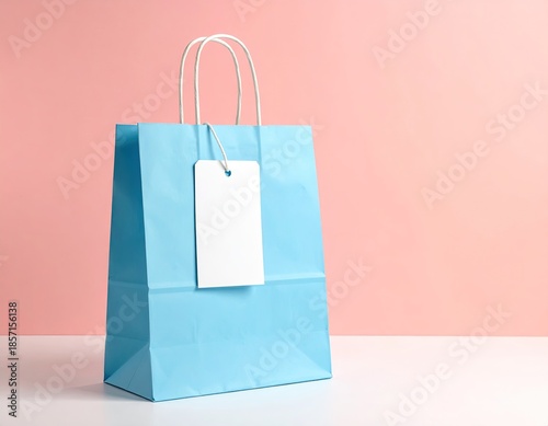 Pastel blue gift bag with white tag and handles, against a pink backdrop