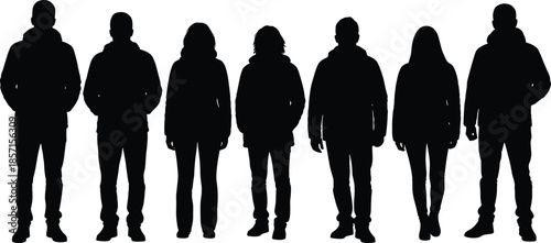 Human silhouette group, casual clothing vector, diverse people illustration, standing posture, black and white design, minimal style, fashion, anonymity, unity