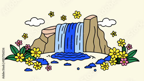 Serene waterfall surrounded by vibrant flowers