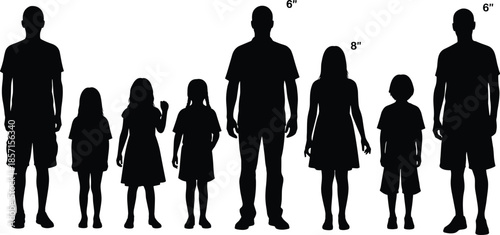 Human silhouette height comparison, diverse people vector, black and white illustration, posture reference, minimal design, anatomy, growth chart, measurement