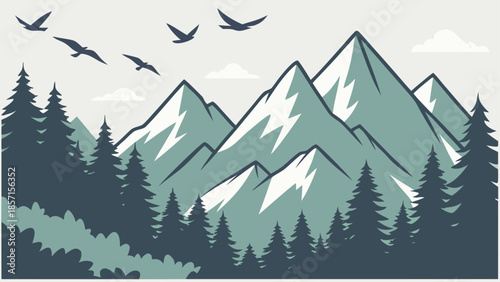 Mountain landscape with birds