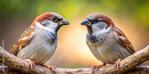 Two small brown and white feathered birds perched closely on a weathered wooden branch, their beady eyes meeting in quiet contemplation