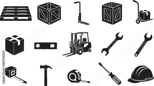 Construction and logistics icons set in black