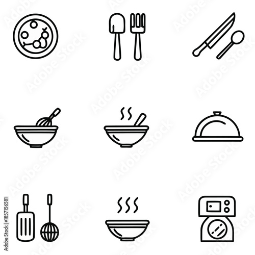 A collection of nine simple line art icons representing food and kitchen utensils.