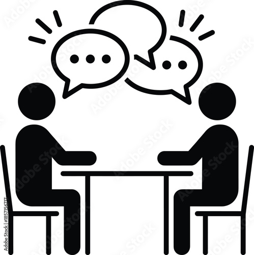 Business meeting conversation icon with two people talking at table, communication discussion concept, black silhouette vector illustration