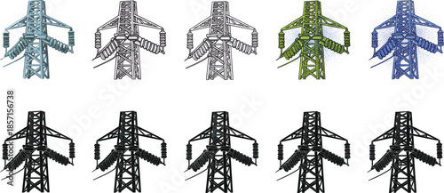 Illustration of electric power transmission tower variations, detailed energy infrastructure design, high voltage pylon artwork, utility structure silhouette collection**