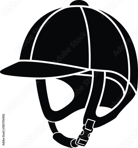 Equestrian riding helmet silhouette illustration, horse safety headgear icon, professional equine sport equipment, black and white protective gear design