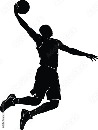 Basketball player dunk silhouette illustration, flying athlete action pose, slam dunk sports concept, dynamic black and white artwork
