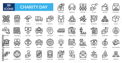 Charity Day Line Icon Set. Donation, Box, Helping, Hand, Event, Share, Love