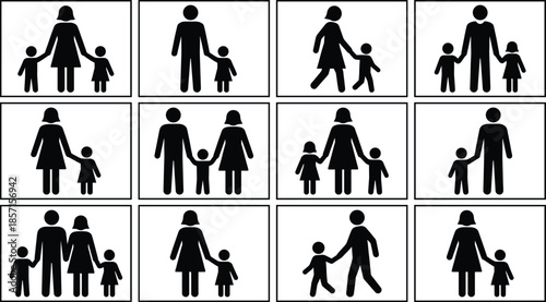 Family pictogram icon set showing parents and children relationships black and white minimal vector symbols isolated