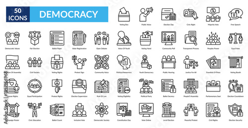 Democracy Line Icon Set. Voting Box, Public Voice, Election Day, Civic Right, Majority Vote, Free Speech, Equal Vote