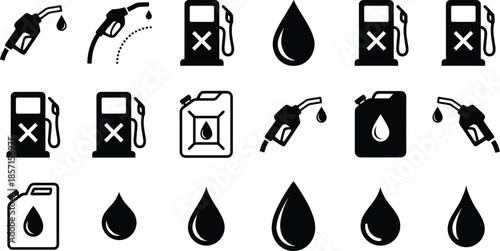 Fuel and oil icon set with gas pump nozzles drops and containers black and white vector symbols