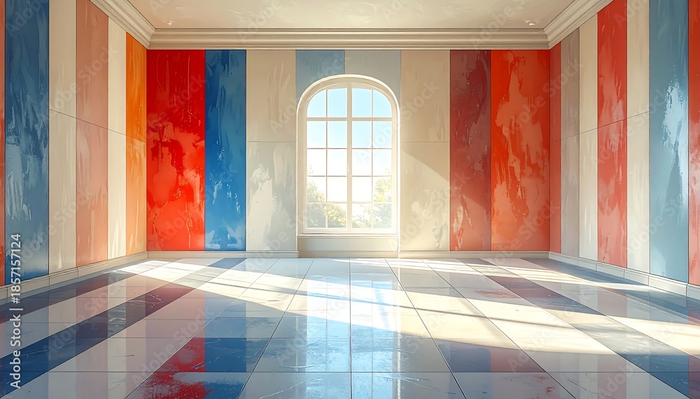 Fototapeta premium Interior room with colorful striped walls and a bright window