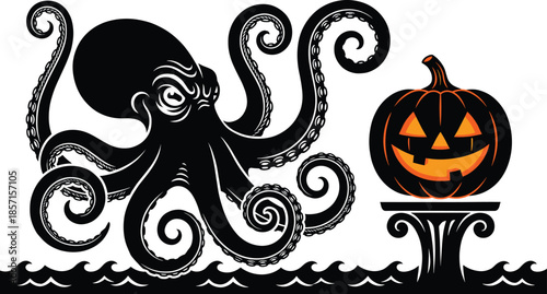 Halloween octopus illustration with glowing jack o lantern pumpkin, spooky sea monster fantasy scene, dark holiday artwork design
