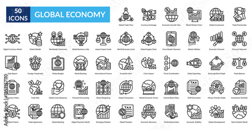 Global Economy Line Icon Set. Global, Trade, Policy, Currency, Exchange, Economic, Growth
