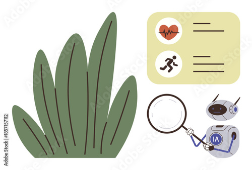 Robot with magnifying glass evaluates fitness metrics thumbs up heart rate and exercise, symbolizing AI in healthcare. Ideal for AI, health monitoring, technology, innovation, research, environment