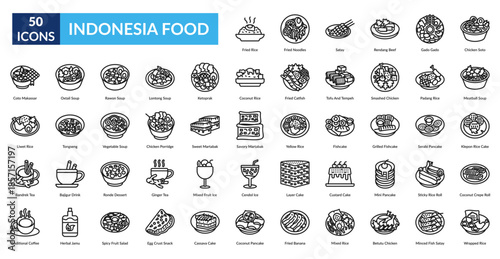 Indonesia Food Line Icon Set. Fried Rice, Fried Noodles, Satay, Rendang Beef, Gado Gado, Chicken Soto, Meatball Soup