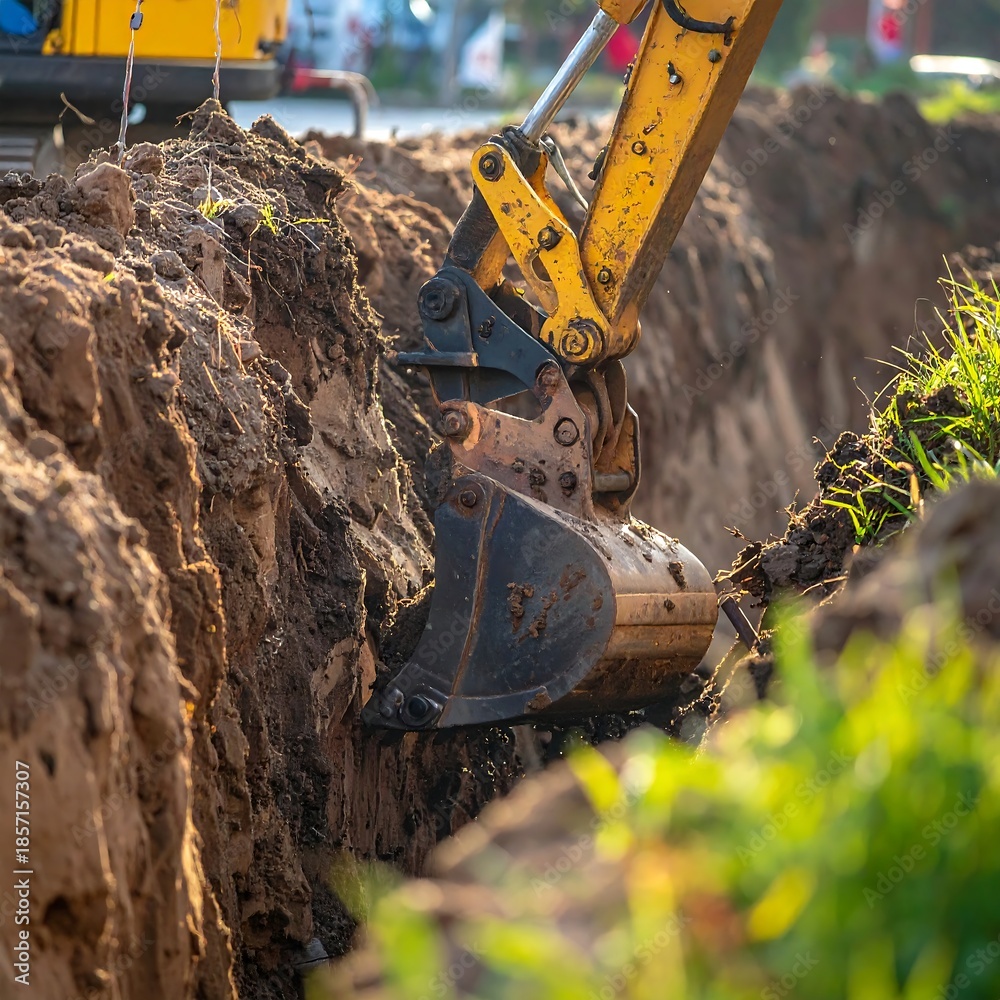 Fototapeta premium A yellow excavator shovel digs a deep trench in dirt surrounded by grass, near an unseen background