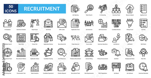 Recruitment Line Icon Set. Job Opening, Talent Search, Cv Screening, Interview Panel, Resume Upload, Applicant List, Shortlist