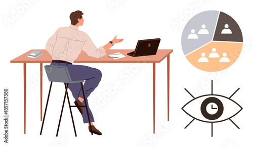 Businessman interacting at a desk with a laptop, pie chart showing teamwork, and an eye with a clock icon. Ideal for collaboration, analytics, productivity, planning, strategy, time tracking