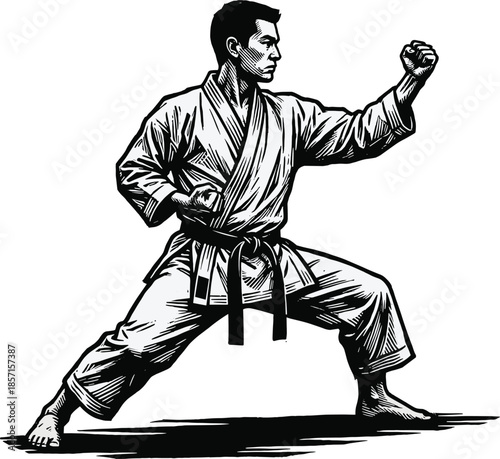 Karate martial artist illustration, traditional fighter performing powerful stance, self defense training pose, black and white combat sports artwork