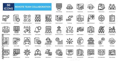 Remote Team Collaboration Line Icon Set. Virtual Meeting, Online Brainstorm, Shared Screen, Cloud Workspace, Remote Access, Chat Discussion, Task Assignment