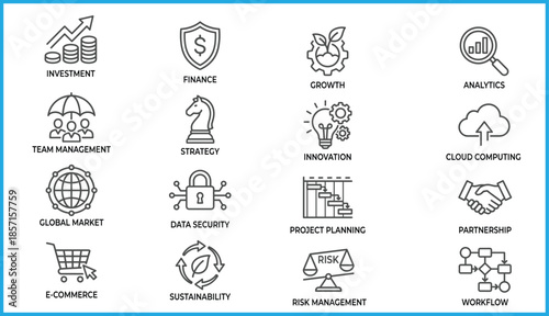 Set of 16 black line icons for business, technology, and strategic management concepts, ideal for vector illustration content