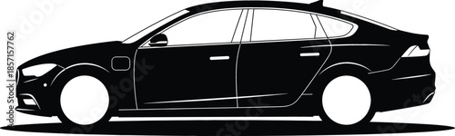 Modern four-door sedan car silhouette vector illustration featuring a sleek side profile with shark fin antenna and wheels.