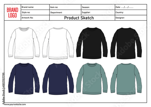 Multicolor long sleeve t shirt vector illustration template front and back