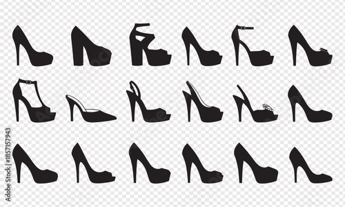 Collection of stylish highheeled shoes in various designs isolated