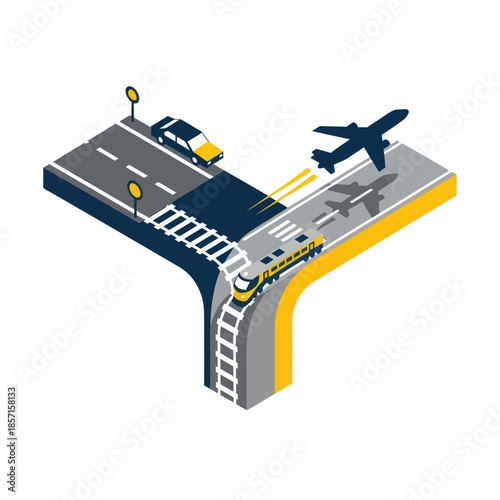 Isometric Airport Terminal with Plane and Vehicles.