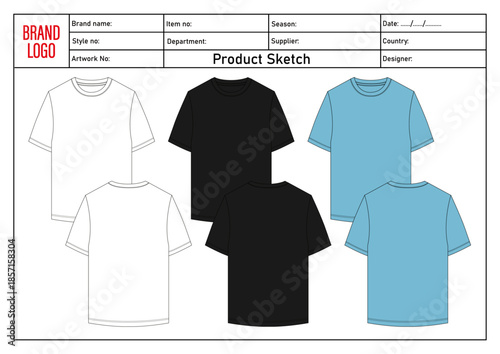 Multicolor t shirt technical drawing vector illustration template front and back