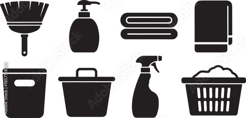 Household cleaning tools and supplies icons