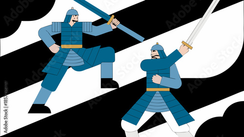 Geometric illustration of Japanese samurai in heavy armor training with swords.