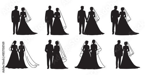 Wedding couple silhouettes collection, set of bride and groom black figures in different poses